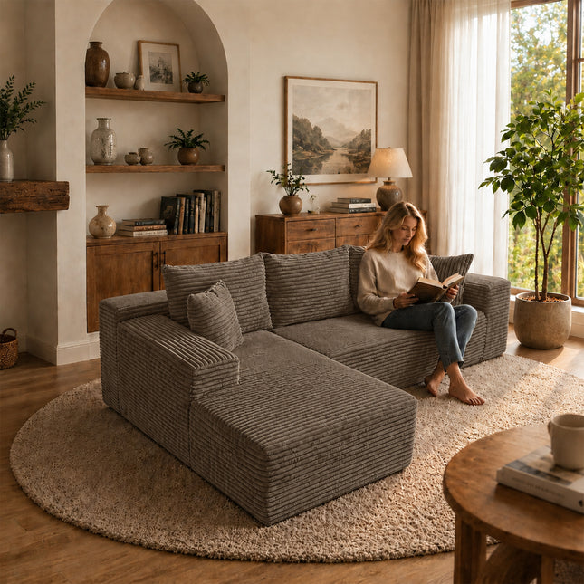 Modern Coffee L-Shaped Sectional Sofa with Left-Facing Chaise Lounge, 3-Seater Corduroy Couch with Compressed Sponge Filling for Living Room, Apartment, or Office