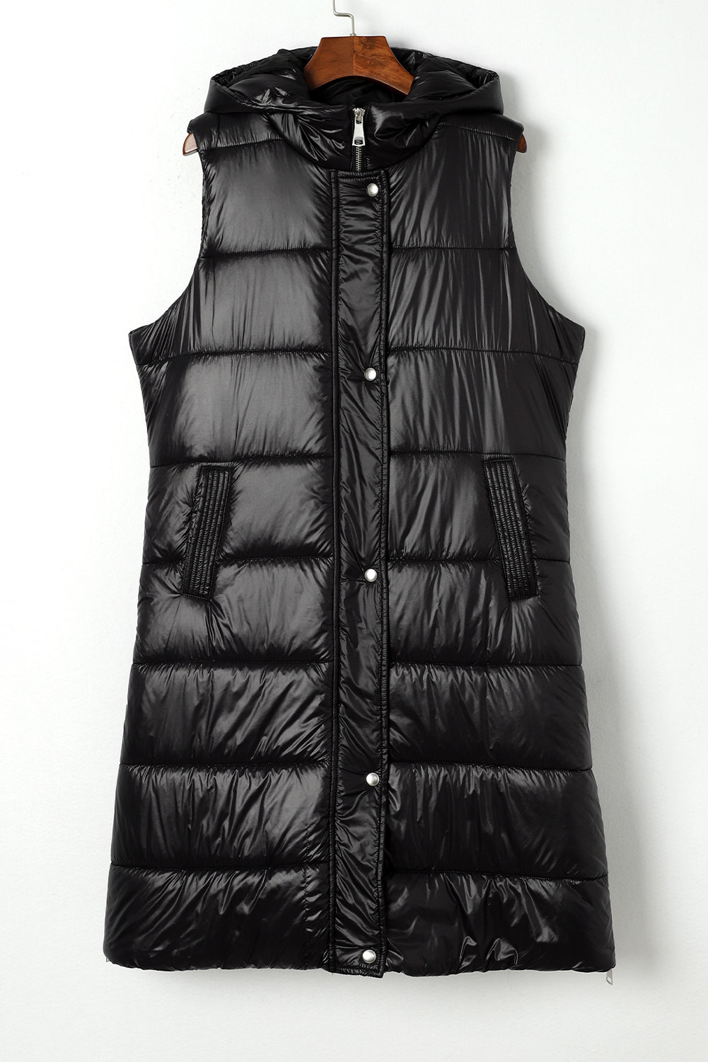 Black Hooded Pocketed Quilted Long Vest Coat - Eloy Royal