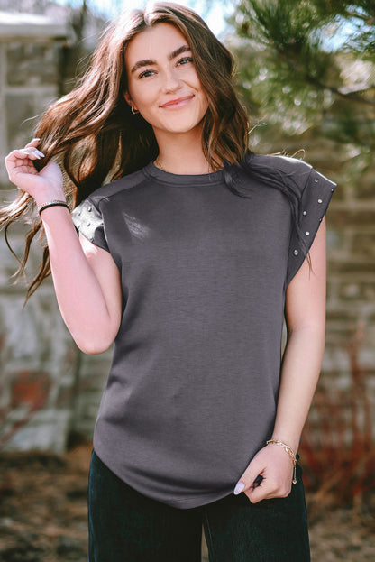 Dark Grey Casual Studded Round Neck T Shirt - Eloy Royal