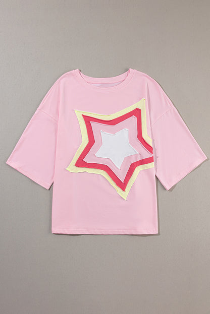 Light Pink Colorblock Star Patched Half Sleeve Oversized Tee - Eloy Royal