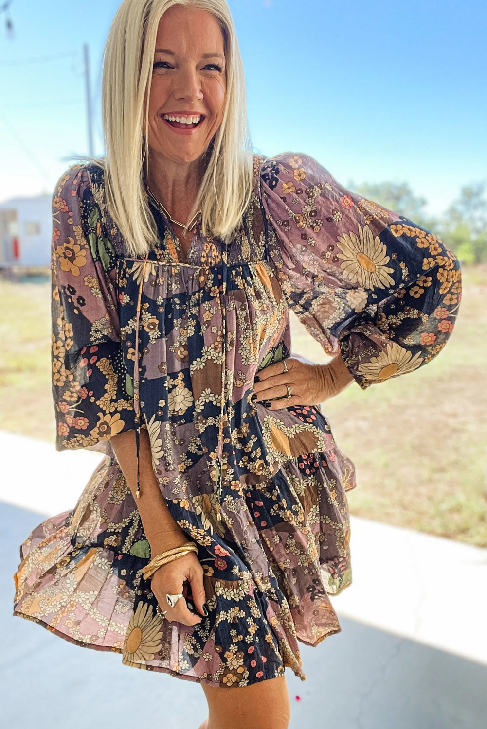 Purple Boho Floral Print Puff Sleeve Flowy Mini Dress - Eloy Royal