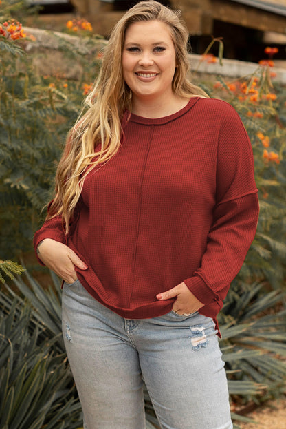 Gold Flame Exposed Seam Detail Waffle Knit Plus Size Top - Eloy Royal