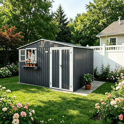 10x8 FT Outdoor Metal Storage Shed with Window & Flower Rack, Lockable Double Doors Tool Shed, Waterproof Weatherproof Garden Shed for Backyard Patio, Gray
