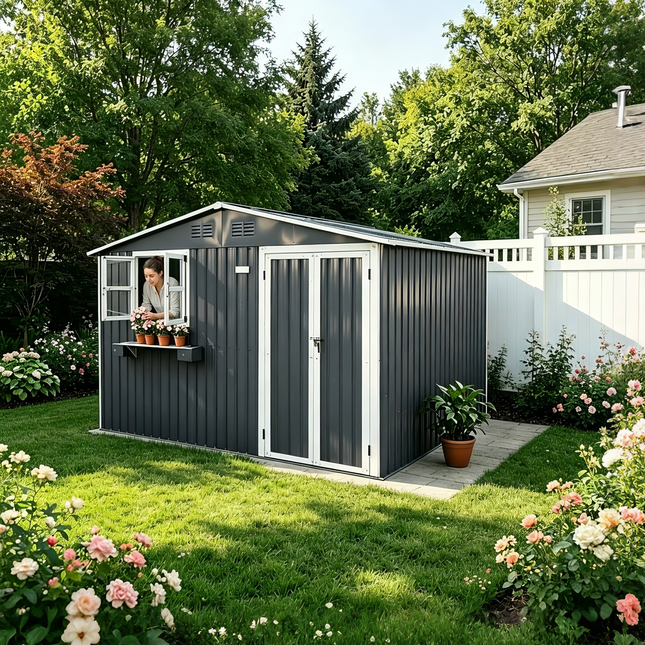 10x8 FT Outdoor Metal Storage Shed with Window & Flower Rack, Lockable Double Doors Tool Shed, Waterproof Weatherproof Garden Shed for Backyard Patio, Gray