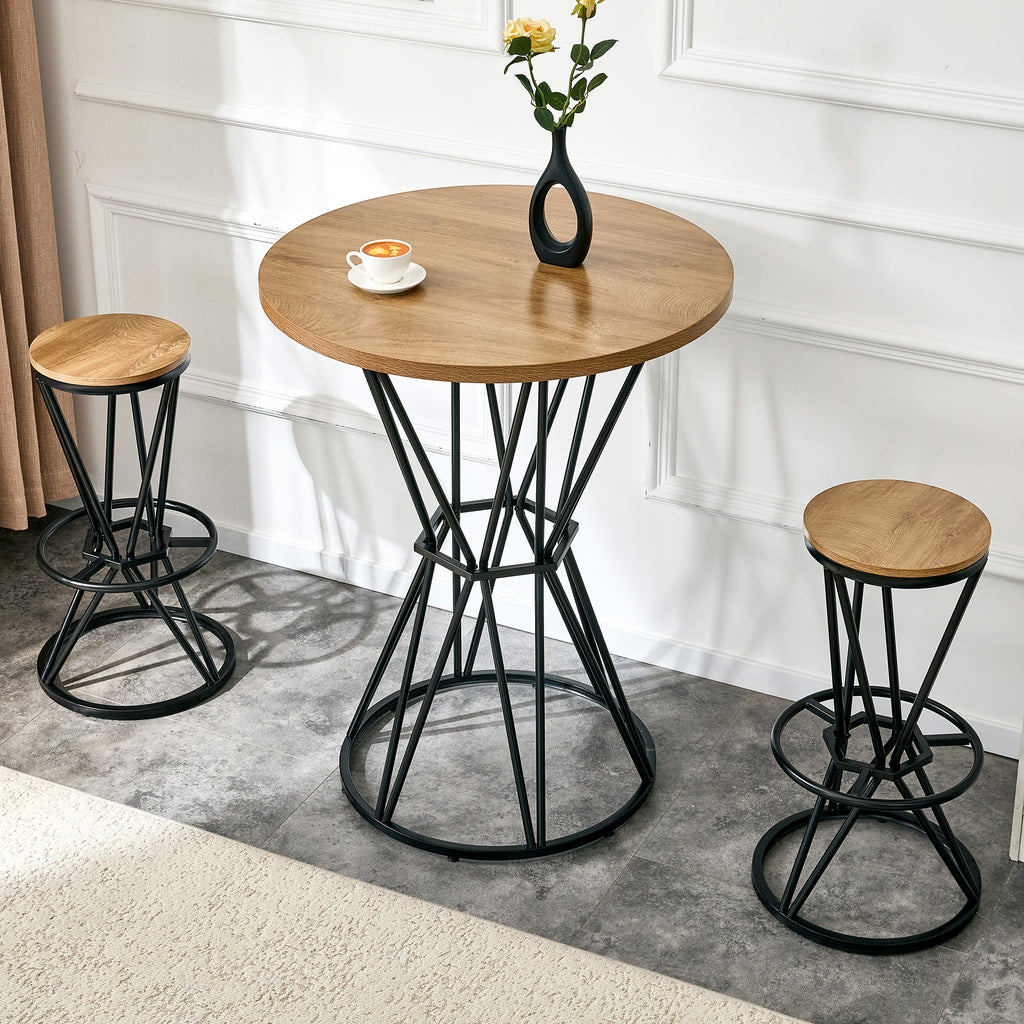 Single package bar, table, chair set.31.5-inch wood grain MDF tabletop with black metal frame, industrial style bar counter combination,suitable for kitchen island countertops,seating 2 people.