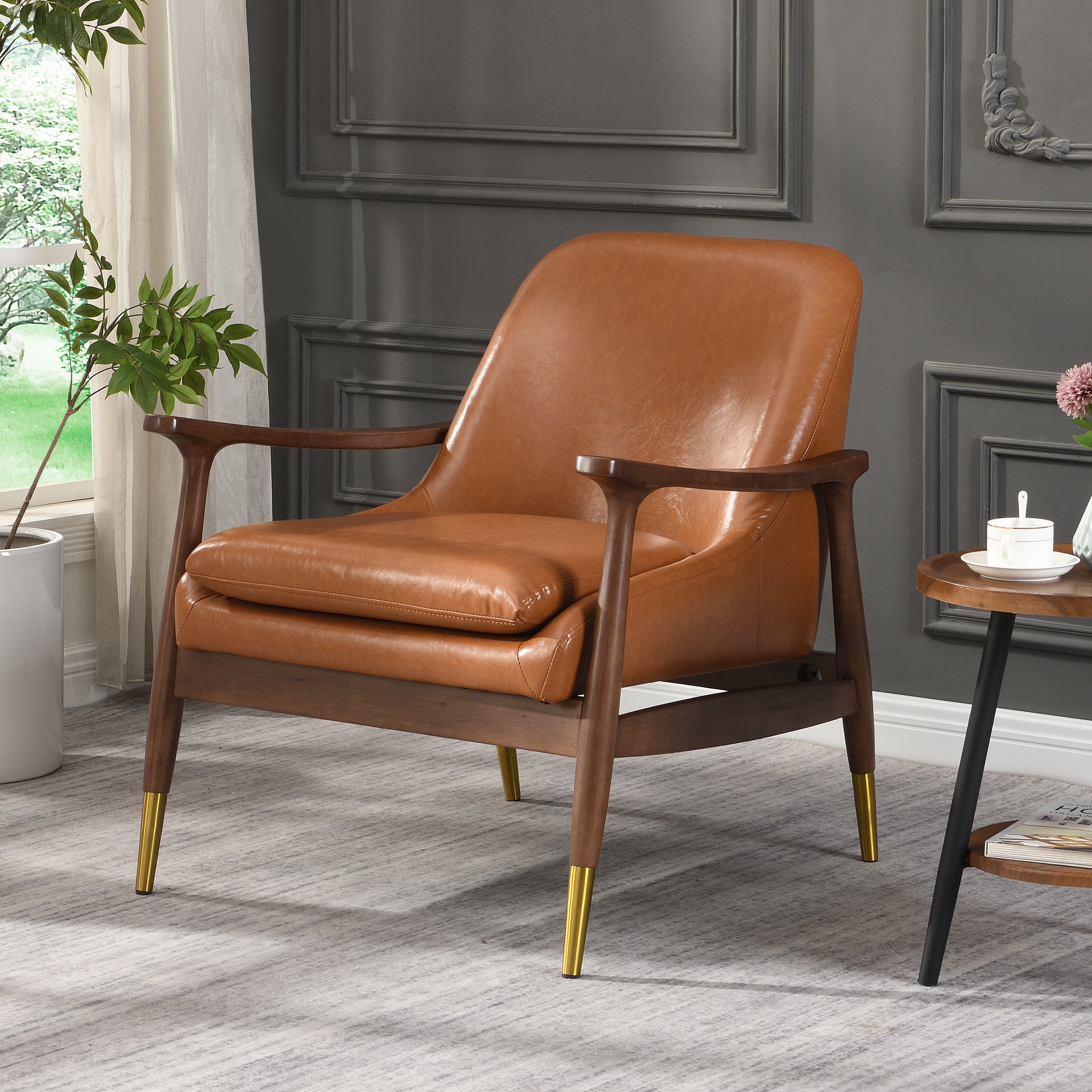 29.2'' Mid-Century Faux Leather Accent Chair with Cushioned Seat, Solid Wood Frame, and Brass-Tipped Legs – Perfect for Living Room, Bedroom, or Office Lounge'
