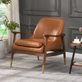 29.2'' Mid-Century Faux Leather Accent Chair with Cushioned Seat, Solid Wood Frame, and Brass-Tipped Legs – Perfect for Living Room, Bedroom, or Office Lounge'