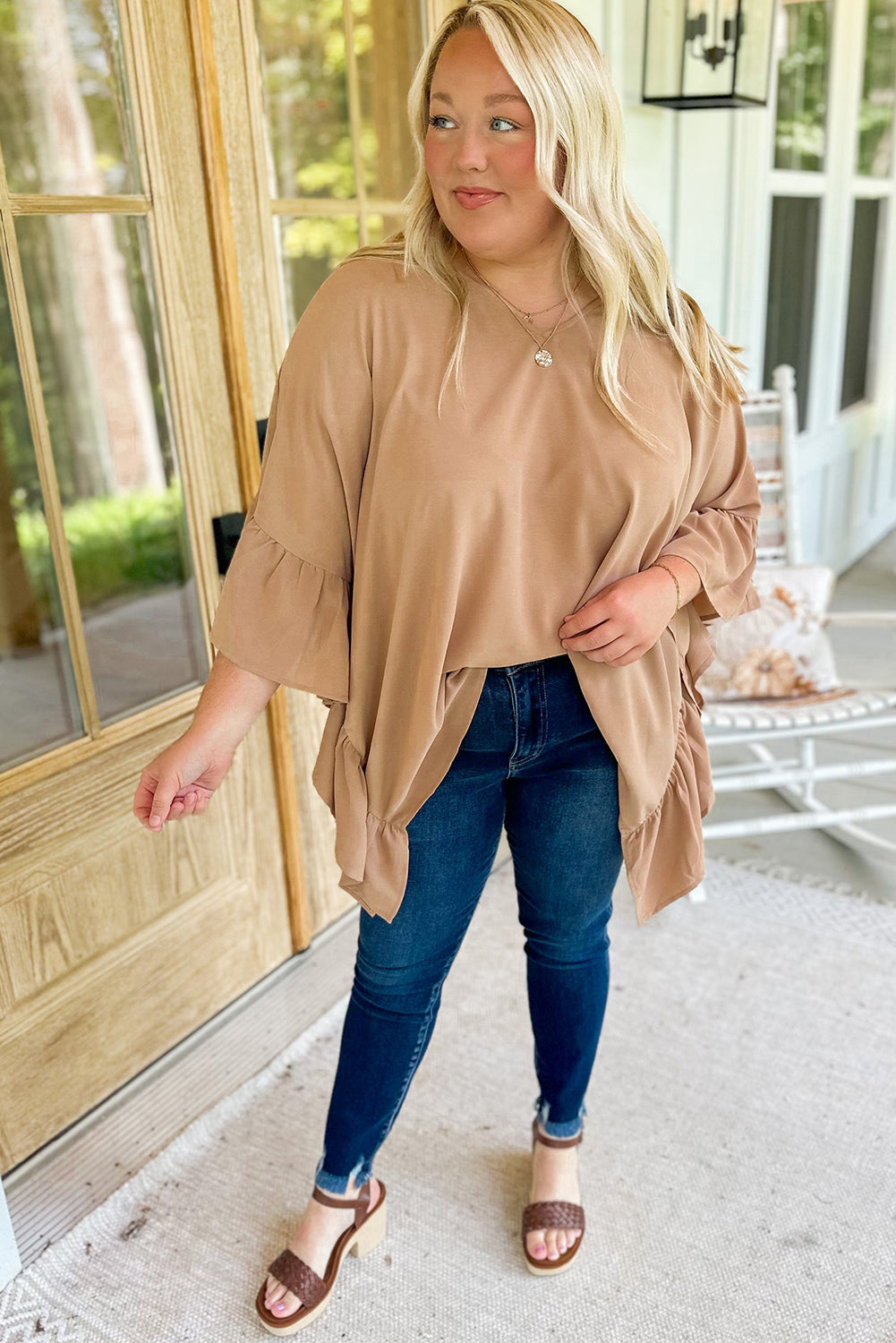 Smoke Gray Plus Size Ruffled Dolman Sleeve V Neck Blouse - Eloy Royal