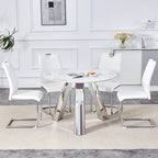 Table and chair set.A 42-inch stainless steel leg round table .Paired with 4 Uniquely designed White Dining Chairs With Silver Metal Leg.Sintered Stone Tabletop,Stainless Steels Table Legs.