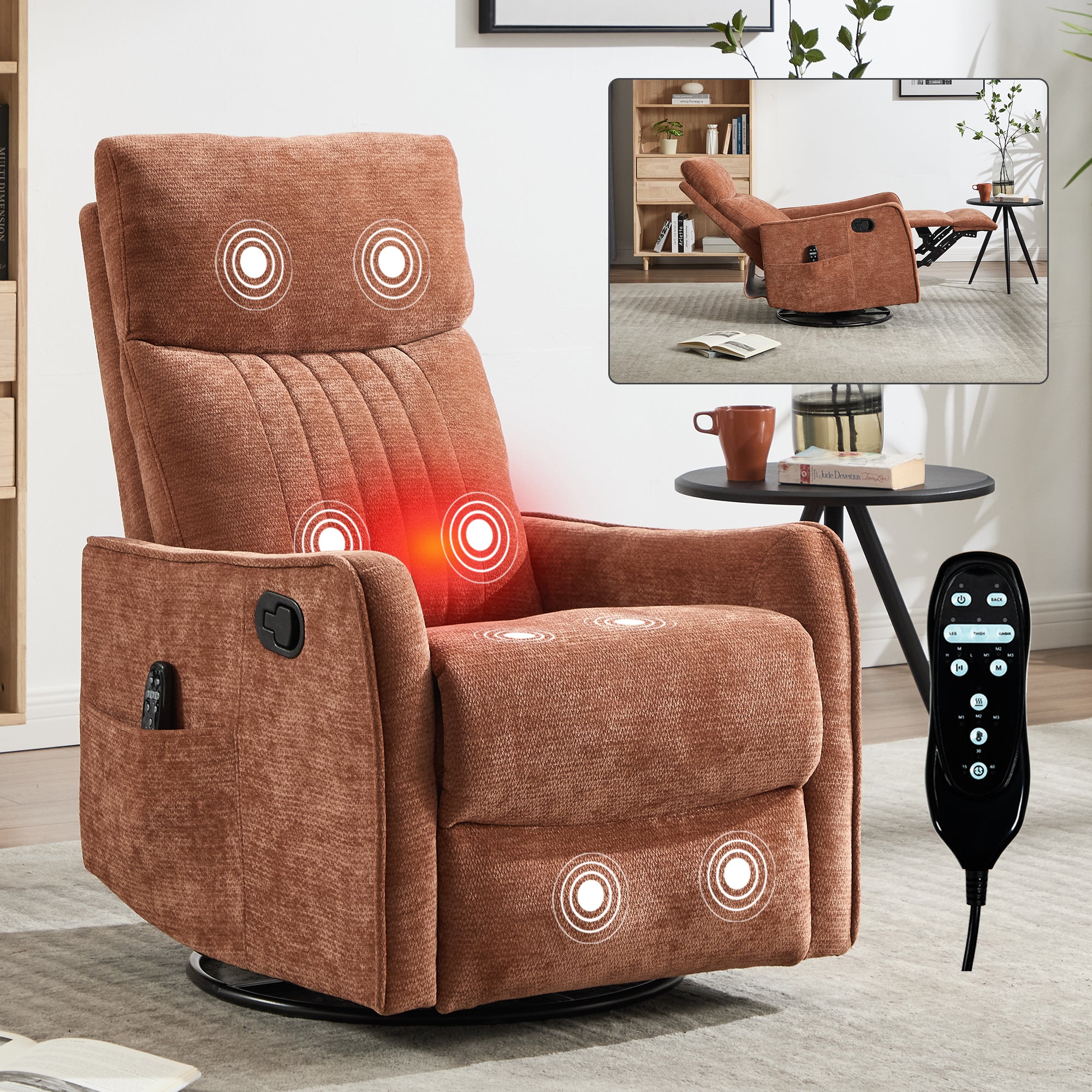 Orange Heat Massage Manual Recliner Chair with Rocker and Swivel in Fabric for Living Room