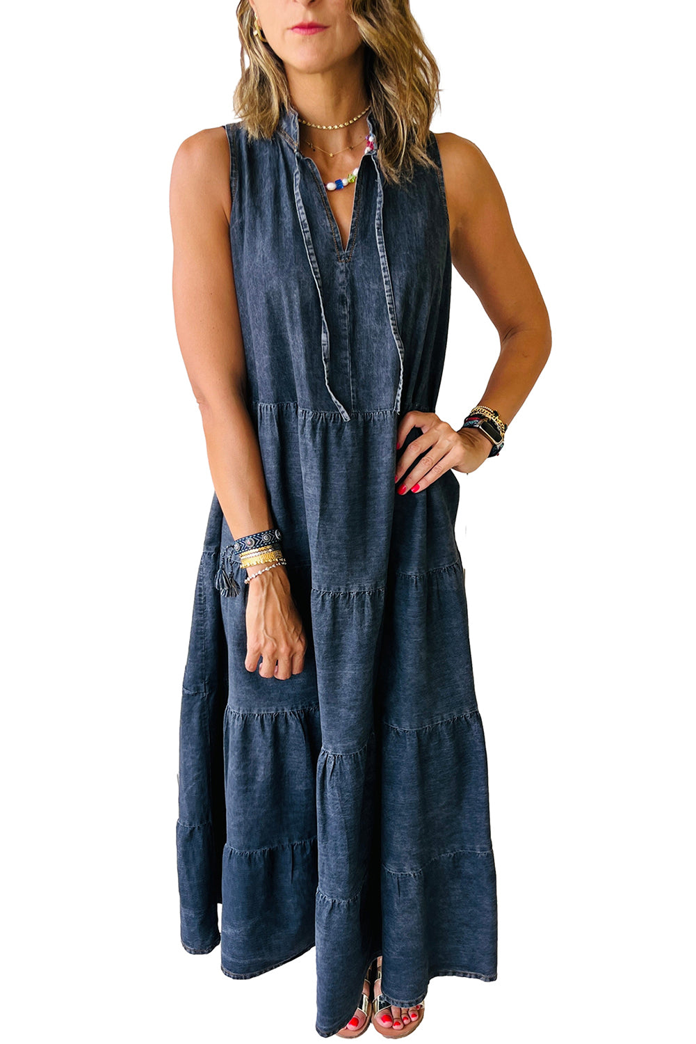 Real Teal Sleeveless Tiered Chambray Maxi Dress - Eloy Royal