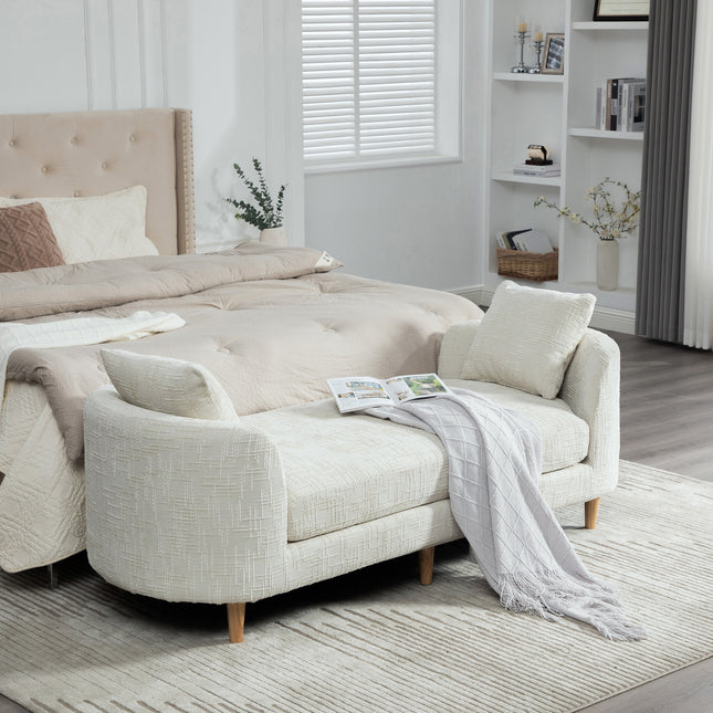 77.17' Wide Modern Upholstered End of Bed Bench with Armrests, Chenille Chaise Lounge Couch with 2 Bolster Pillows, Daybed with Rubberwood Legs For Living Room,Bedroom,Apartment,Guestroom,BEIGE