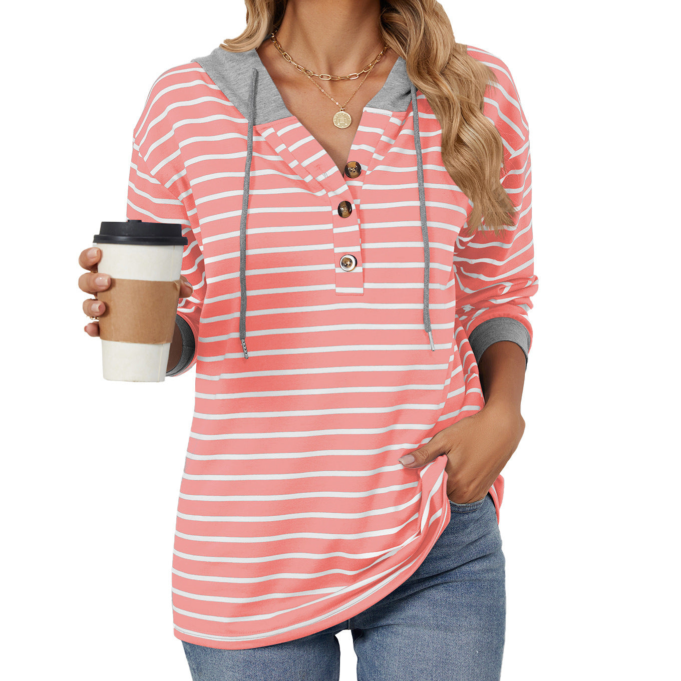 Striped Color Contrast Patchwork Hooded Long Sleeve Loose Sweatshirt Women