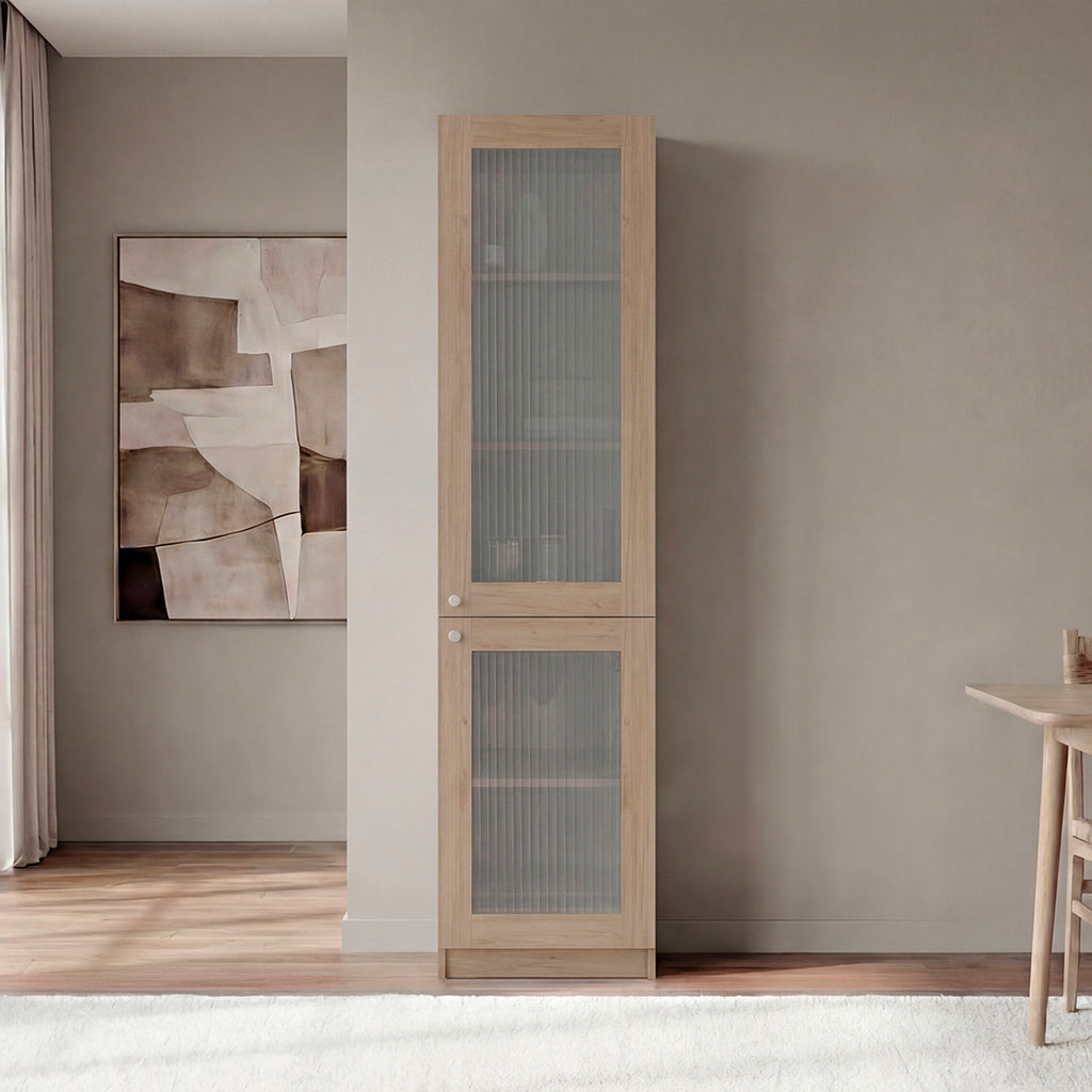 Tall Bookcase 71' H with 2 Fluted Panel Doors and Five Interior Shelves, Natural Oak