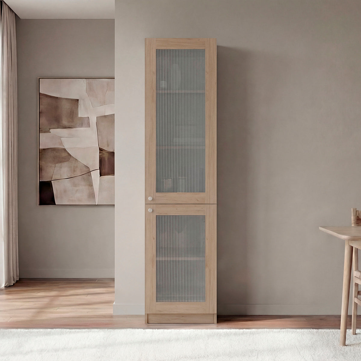 Tall Bookcase 71' H with 2 Fluted Panel Doors and Five Interior Shelves, Natural Oak