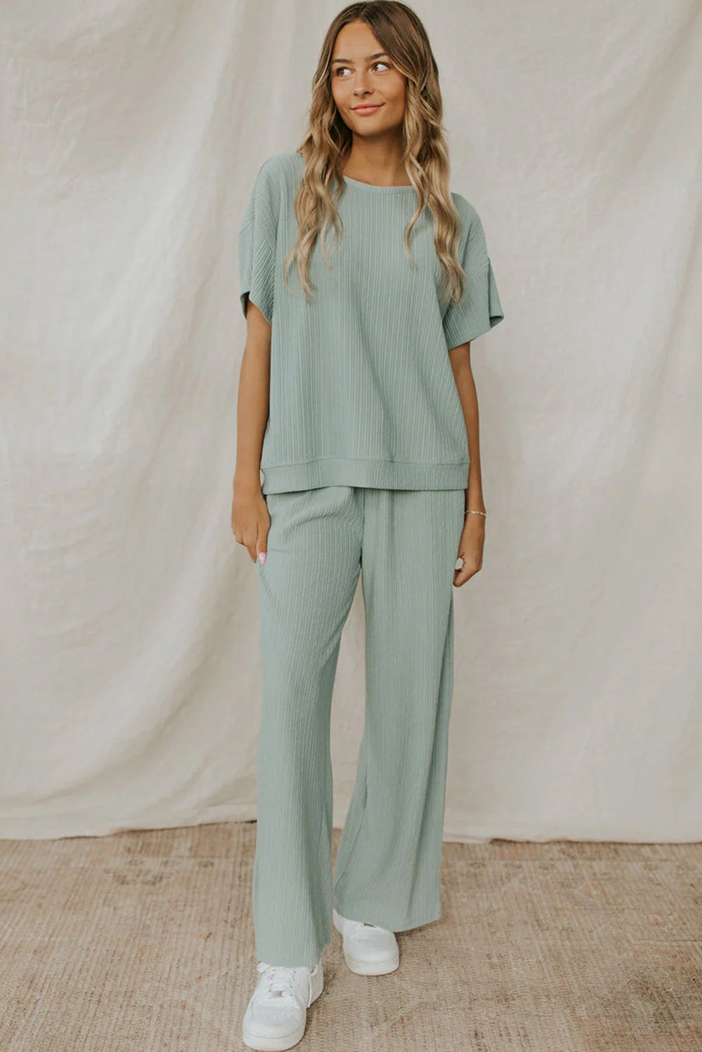 Moonlight Jade Textured Drop Sleeve Tee and Drawstring Pants Set - Eloy Royal