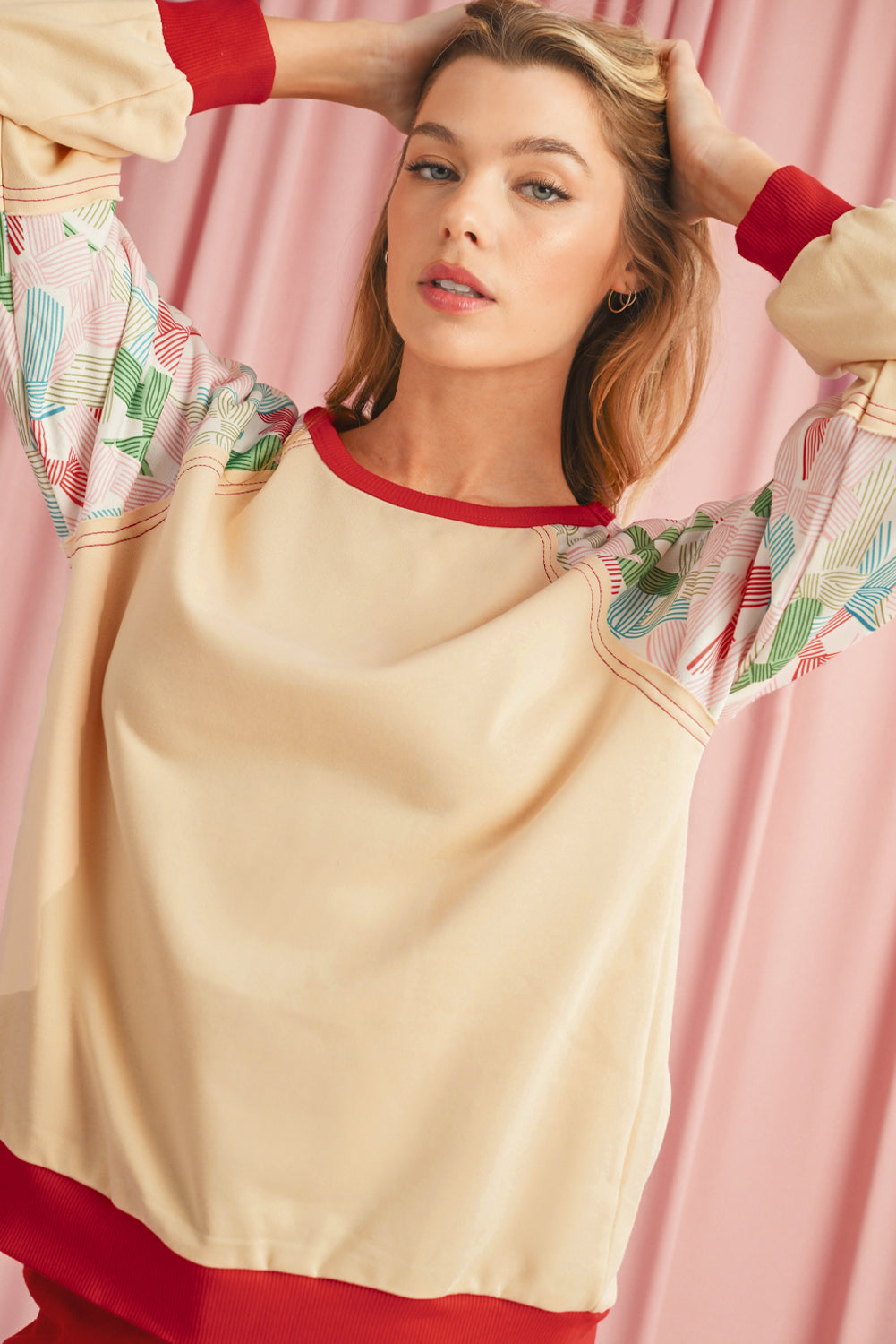 Beige Bowknot Print Patchwork Raglan Sleeve Top