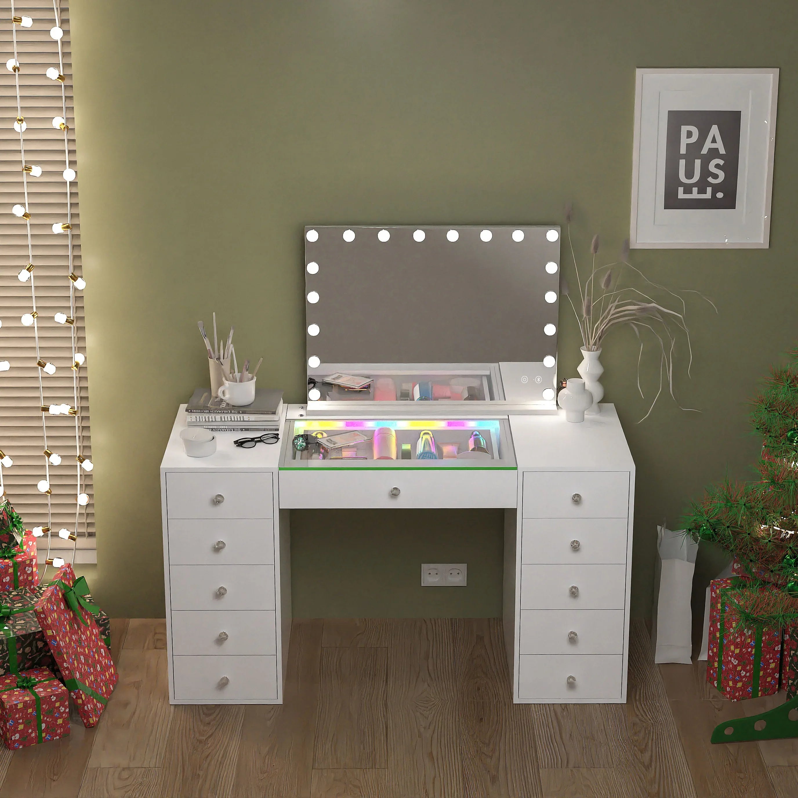 Vanity Desk with LED Mirror, Vanity Table with RGB Lights Strip, Hollywood Vanity Mirror with 18 LED Bulbs and Bluetooth Speakers, 51.2' Makeup Dressing Table with 11 Drawers, Adjustable Brightness - Eloy Royal