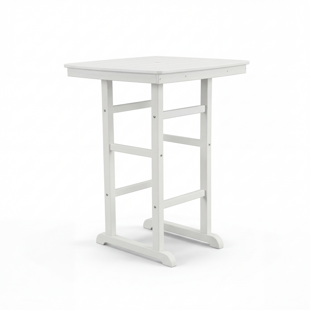 White HDPE Outdoor Bar Height Patio Table with Slatted Top, 31.1 in, All-Weather