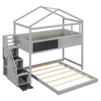Gray House-Style Twin Over Full Bunk Bed with Storage Staircase and Blackboard, Pine Wood and MDF, 94.4''L x 77.4''W x 86.9''H