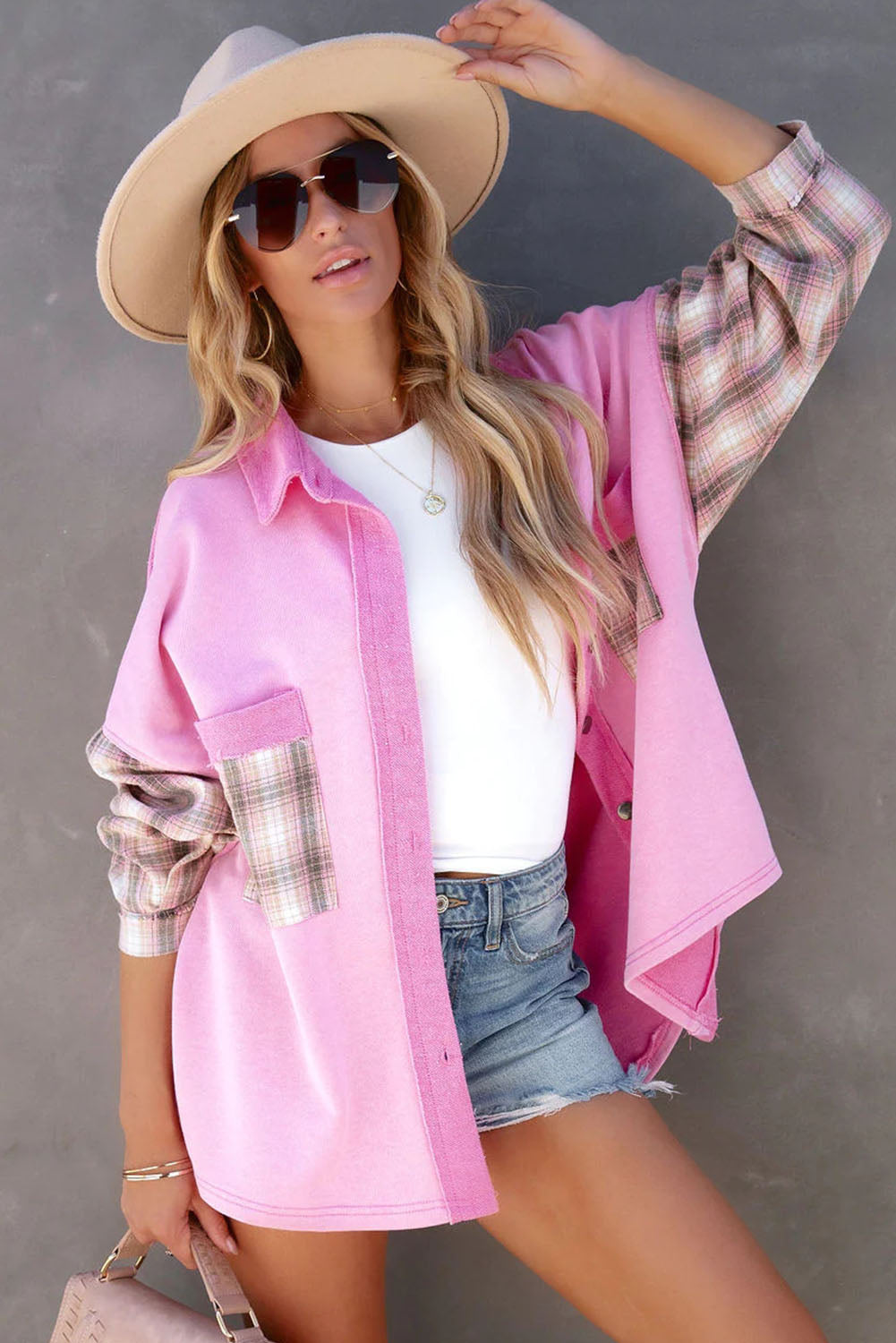 Rose Plaid Patchwork Chest Pockets Oversized Shirt Shacket - Eloy Royal