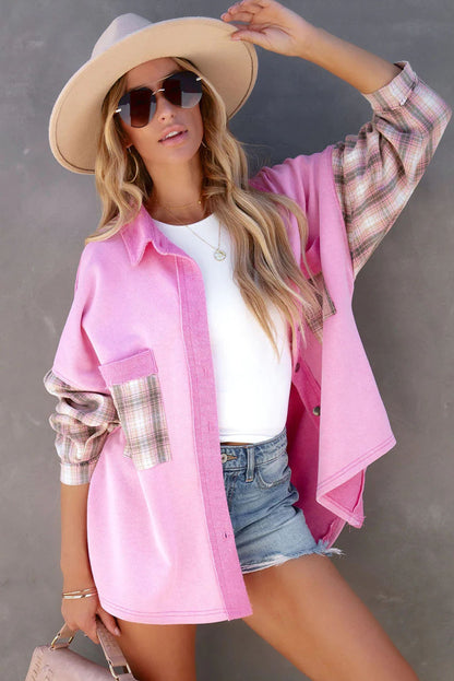 Rose Plaid Patchwork Chest Pockets Oversized Shirt Shacket - Eloy Royal