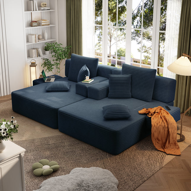 Oversized Double Chaise Lounge 2-Piece Set, Luxurious Plush Corduroy Convertible Sofa Bed with 6 Pillows and Storage Pocket, for Small Spaces,Home Theater, Living Room, Blue