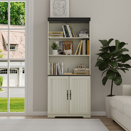 70.86'(180cm) Tall Storage Cabinet, 5 Tier Cube Display Cabinet with Adjustable Shelves and Barn Doors, MDF Wood Freestanding Display Bookshelves for Bedroom,Living Room, Kitchen, Pantry, Bar Cabinet