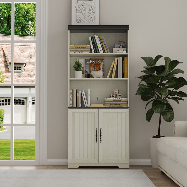 70.86'(180cm) Tall Storage Cabinet, 5 Tier Cube Display Cabinet with Adjustable Shelves and Barn Doors, MDF Wood Freestanding Display Bookshelves for Bedroom,Living Room, Kitchen, Pantry, Bar Cabinet