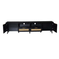 Modern Farmhouse Rattan TV Stand for TVs up to 85'', Black MDF and Solid Wood Media Console with Cable Management, 78.74'' L x 14.6'' W x 18.9'' H