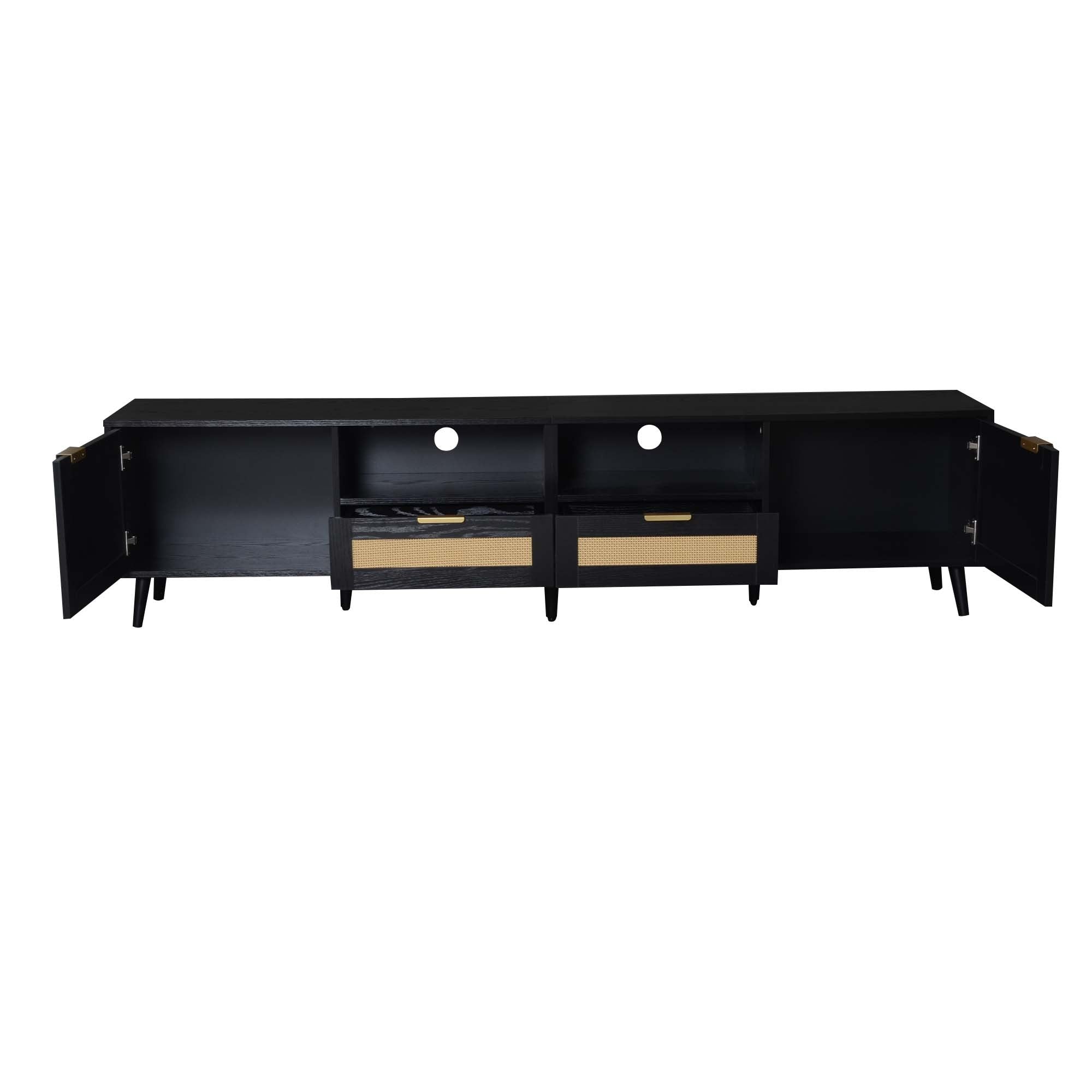 Modern Farmhouse Rattan TV Stand for TVs up to 85'', Black MDF and Solid Wood Media Console with Cable Management, 78.74'' L x 14.6'' W x 18.9'' H