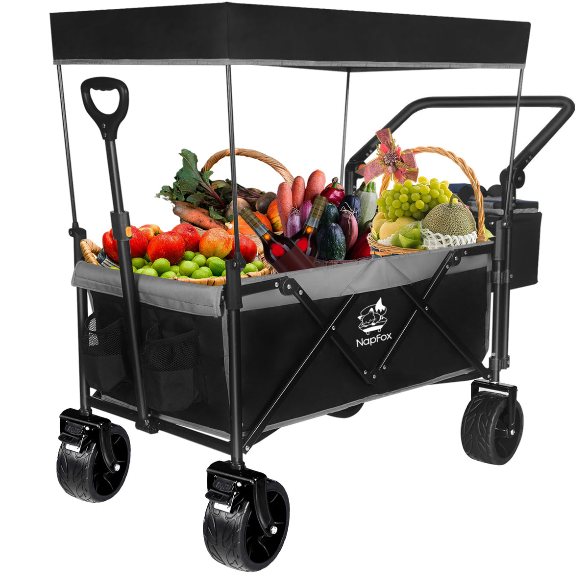 Collapsible Wagon 140L Wagons Carts Foldable with Removable Canopy, Folding Wagon Cart with Wheels for All-Terrain with Brake, Foldable Wagon with Cooler Bag, for Camping Beach Shopping