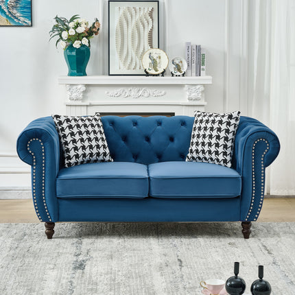 65'Chesterfield ‌velvet upholstery fabric Sofa with Roll Armrest & Nailhead,Upholstered Mid Century Modern Couch,2 Seater Couch for Living Room, Office, Apartment,Blue