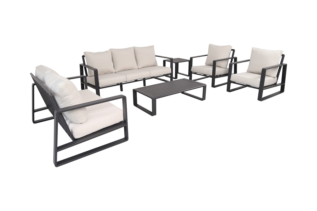 Luxury 6-Piece Aluminum Patio Furniture Set with Light Gray Cushions, Sofa, Loveseat, Chair & Tables