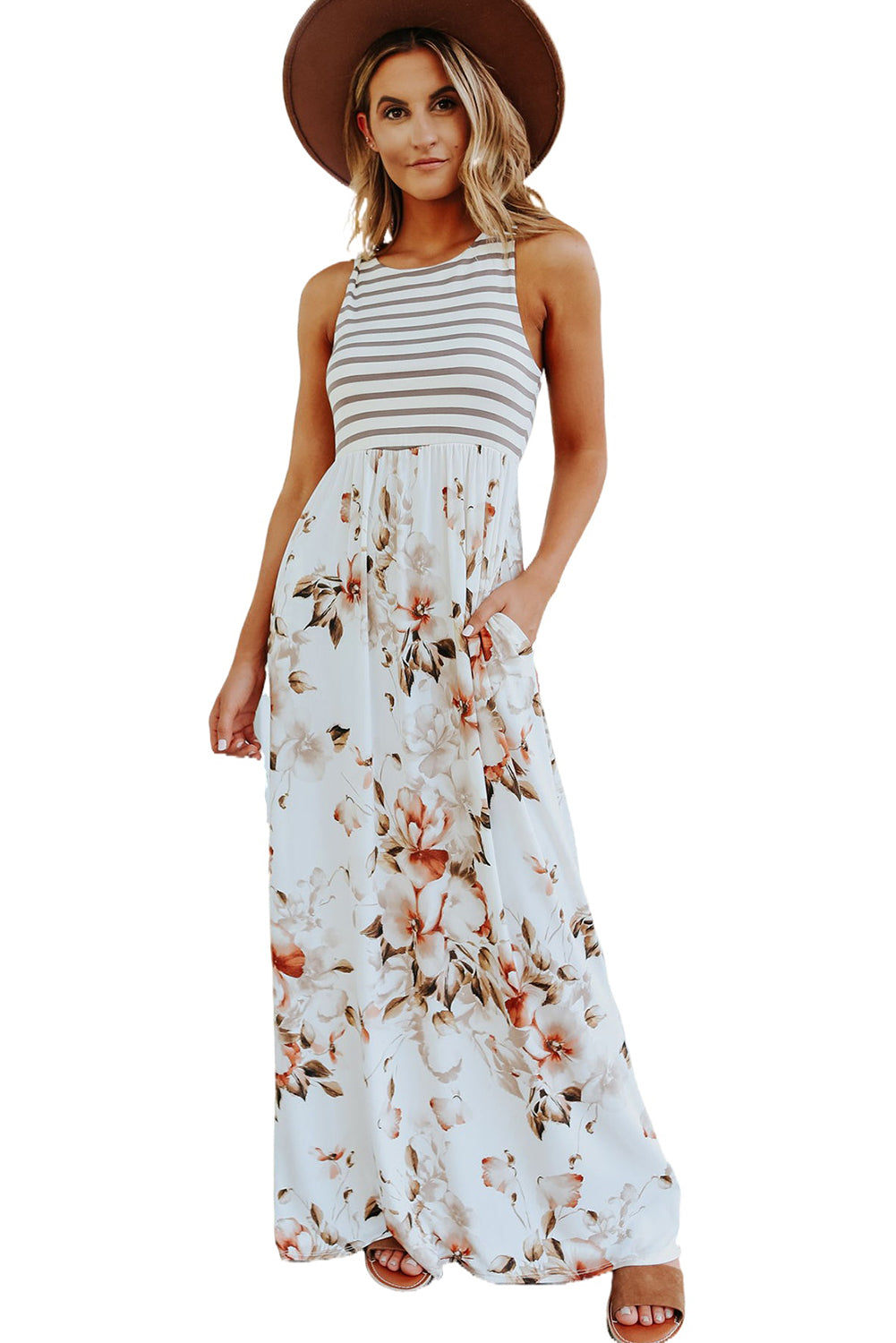 White Boho Stripes & Floral Print Floor Length Tank Dress - Eloy Royal