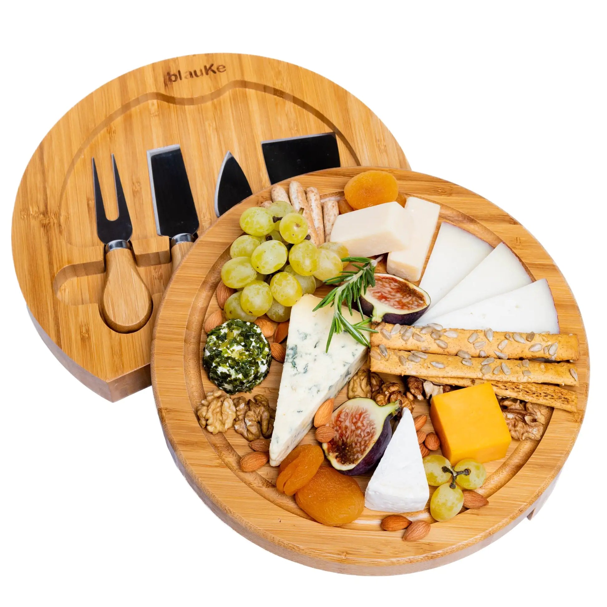 Bamboo Cheese Board and Knife Set - 10 Inch Swiveling Charcuterie Board with Slide-Out Drawer - Eloy Royal