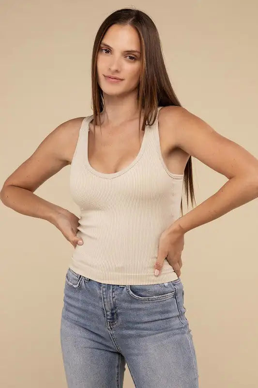 Ribbed Bra Padded V-Neck Tank Top