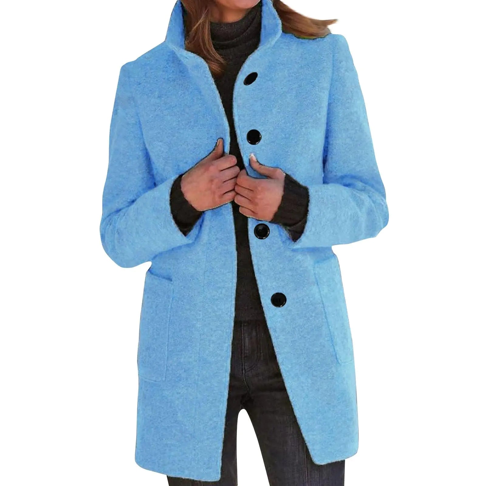 Pea Coat for Women Stand Collar Single Breasted Thicken Wool Coats Mid Length Trench Coat ith Pocket Solid Color Long Sleeve Outerwear Coat 2024 Winter Coats for Women(A-Light BlueLarge)