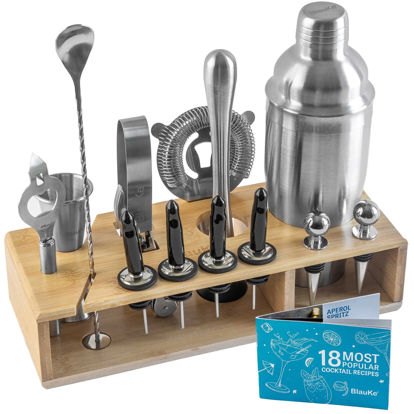 Stainless Steel Cocktail Shaker Set with Stand - 17-Piece Mixology Bartender Kit, Bar Set - 25oz Martini Shaker, Jigger, Strainer, Muddler, Mixing Spoon - Eloy Royal