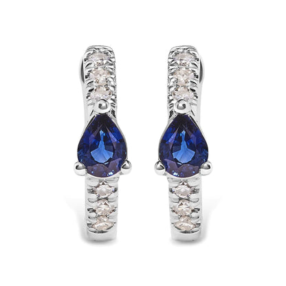 10K White Gold Pear Shaped Blue Sapphire and 1/10 Cttw Diamond Huggy Hoop Earrings (H-I Color, I1-I2 Clarity)