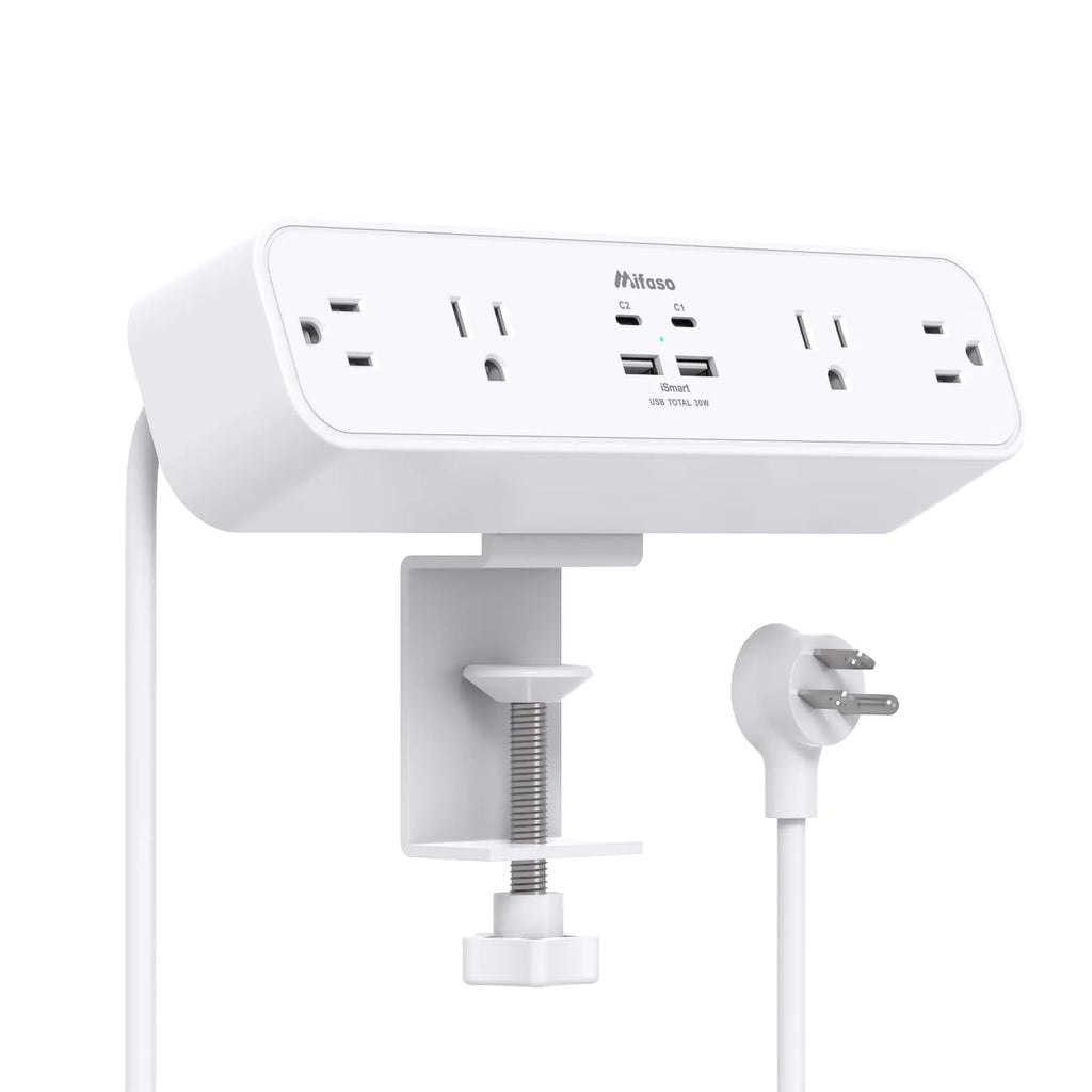 PD30W Desk Clamp Power Strip Desktop Mount Surge Protector Fast Charging Station Desk Mount Desk Shelf with 4 Outlets 4USB Ports (2USB C) 5Ft Extension Cord Desk Accessories Home Office Essentials White