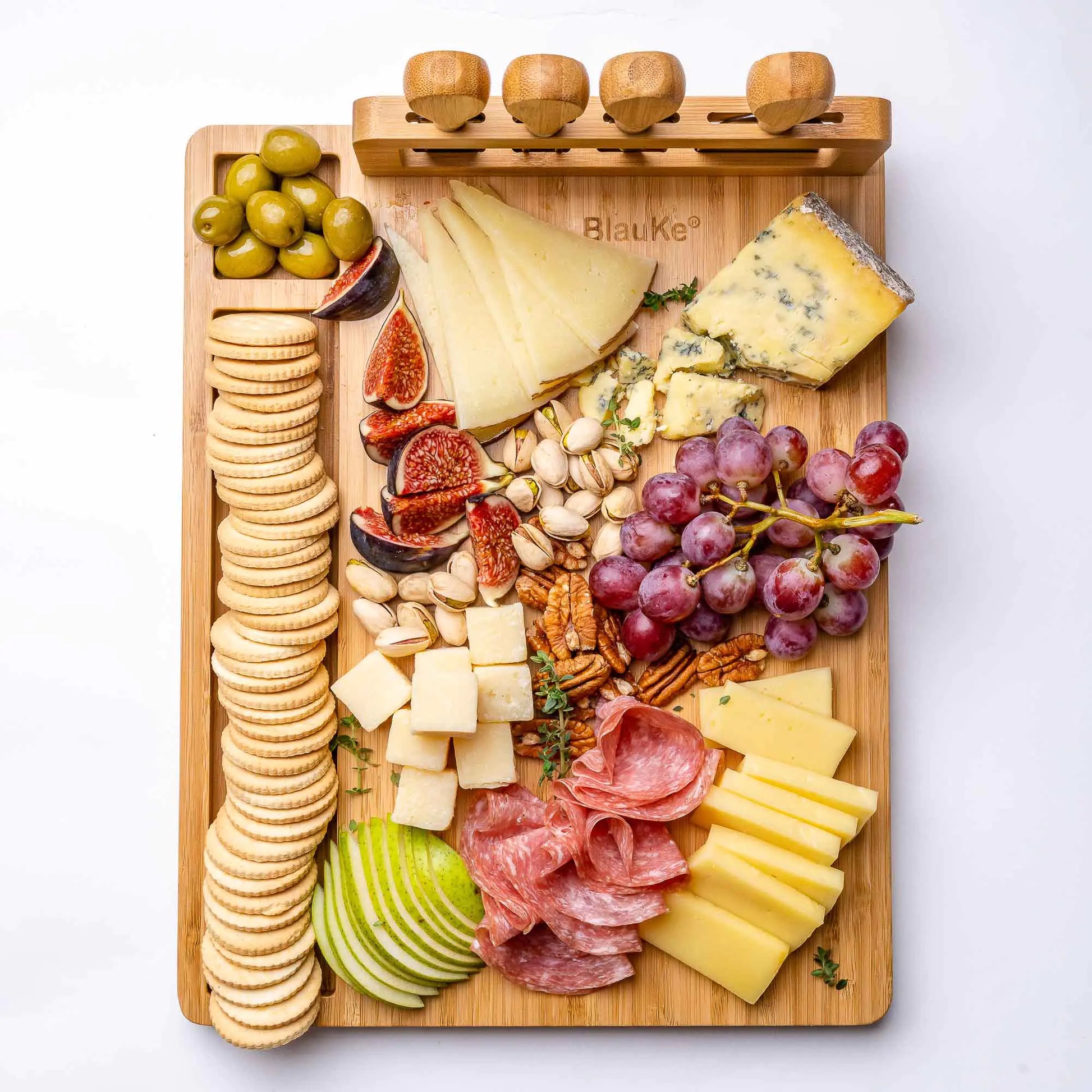 Bamboo Cheese Board and Knife Set - 14x11 inch Charcuterie Board with 4 Cheese Knives - Wood Serving Tray - Eloy Royal