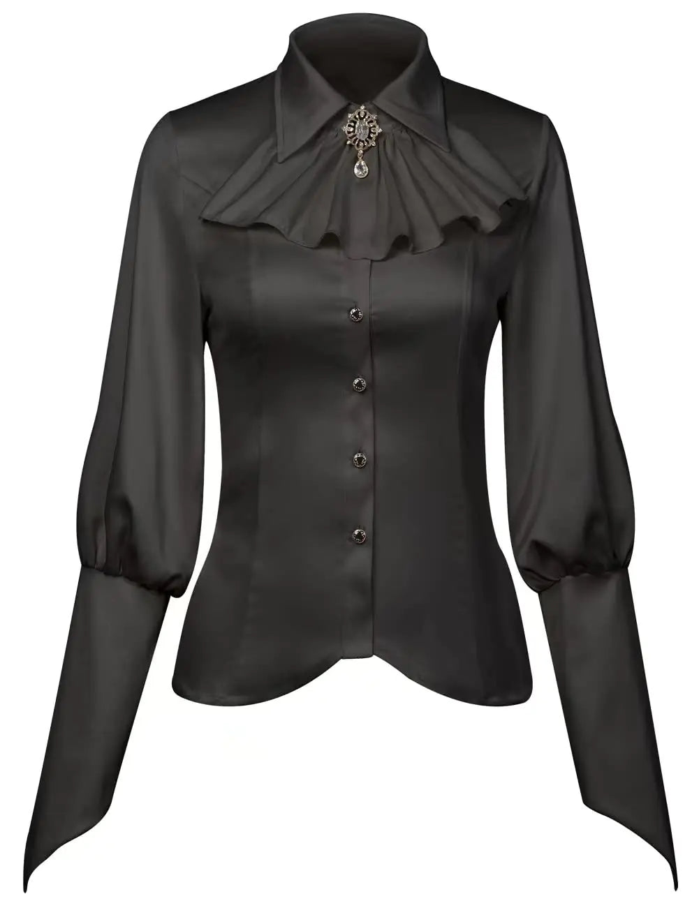 Womens Fashion Shirt Elegant Vintage Gem Brooch Ruffled Long Sleeve Blouse Black