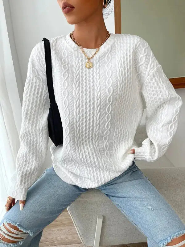 Women's Casual Jacquard Oversized Round Neck Hoodie White XXL