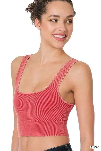 WASHED RIBBED SQUARE NECK CROPPED TANK TOP