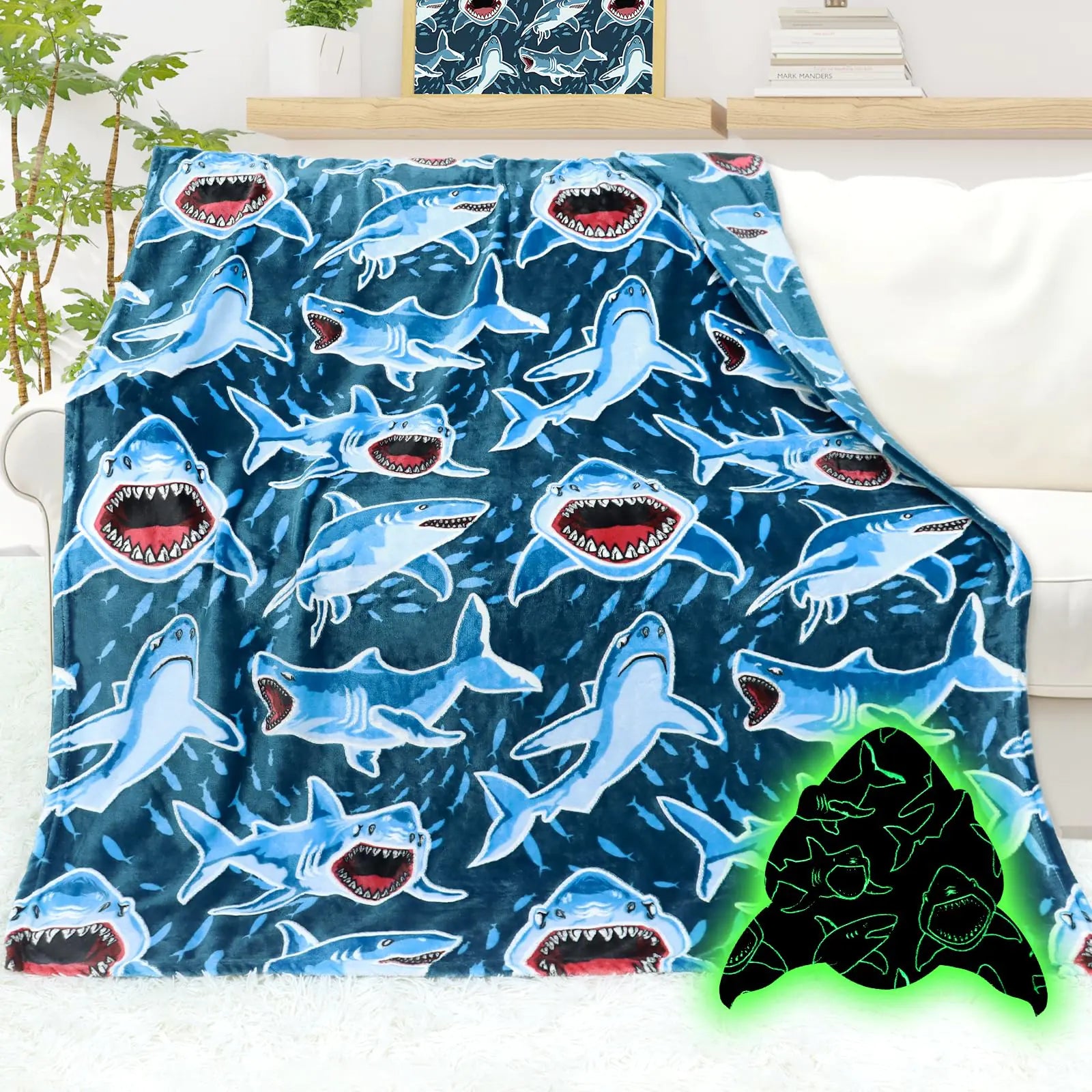 AISDE Shark Blanket Glow in The Dark Blanket for Boys Blue Throw Blanket Girls Whale Shark Blankets Kids Ocean Shark Decor Blankets 60"x80" Shark Blanket Twin Size 60" x 80" (150 x 200 cm)