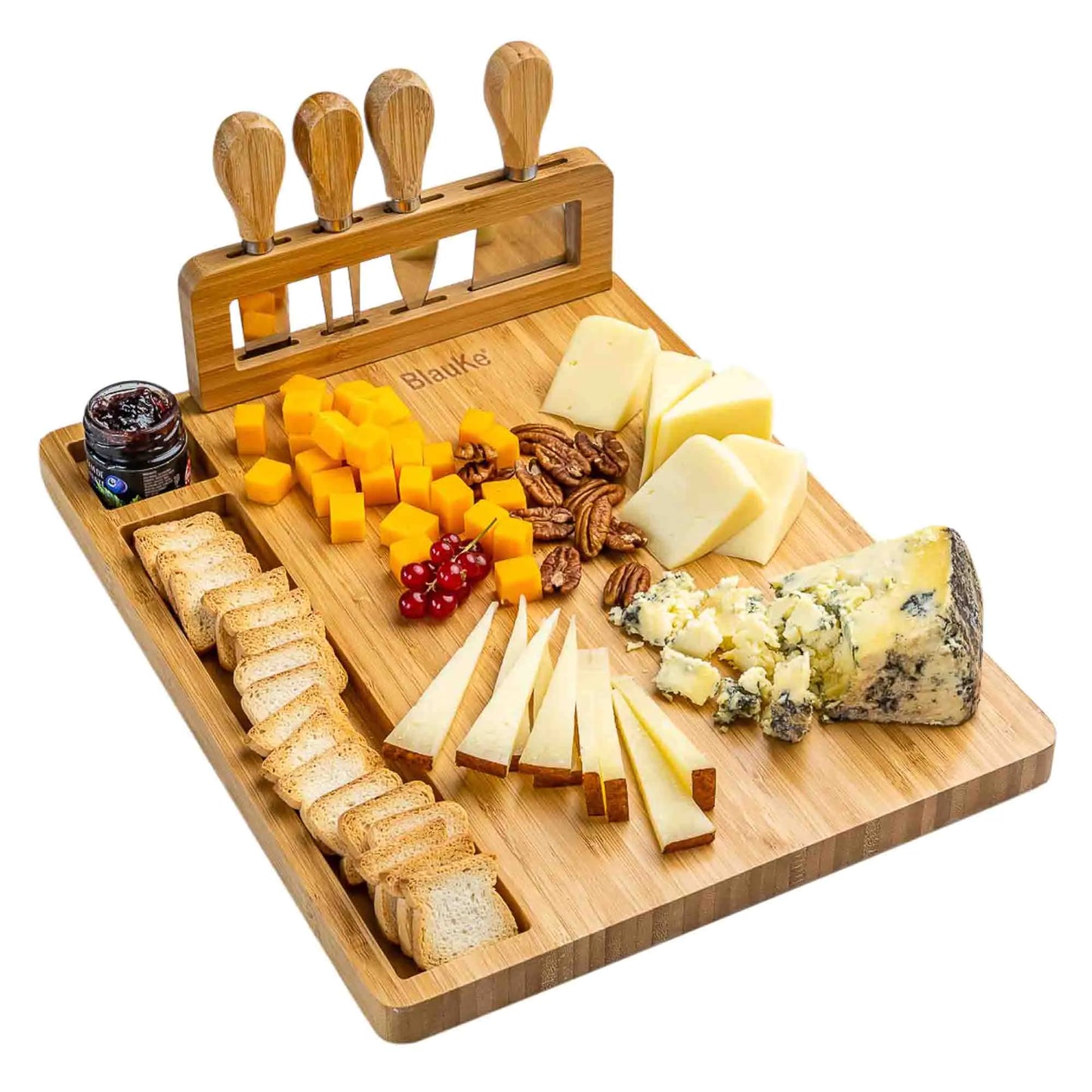 Bamboo Cheese Board and Knife Set - 14x11 inch Charcuterie Board with 4 Cheese Knives - Wood Serving Tray - Eloy Royal