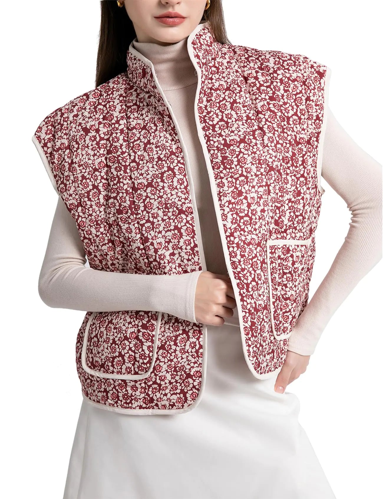 Kissonic Women Floral Printed Vest Lightweight Sleeveless Coat Winter Warm Outwear(Pink-XL)