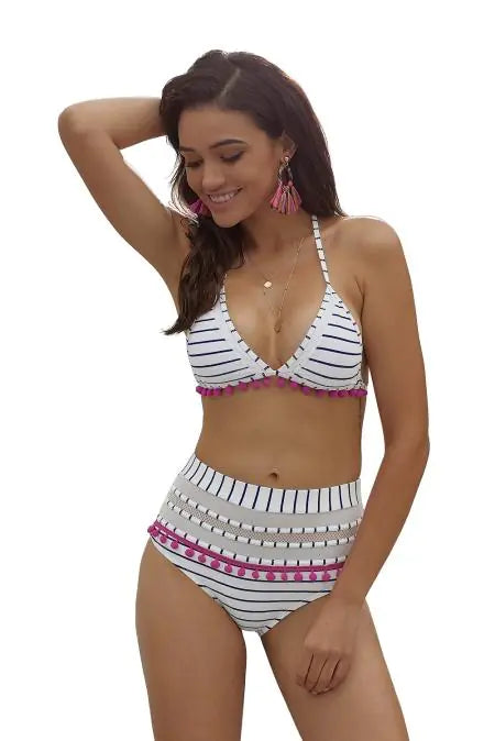 Blue White Striped Pom Pom Bikini - Eloy Royal