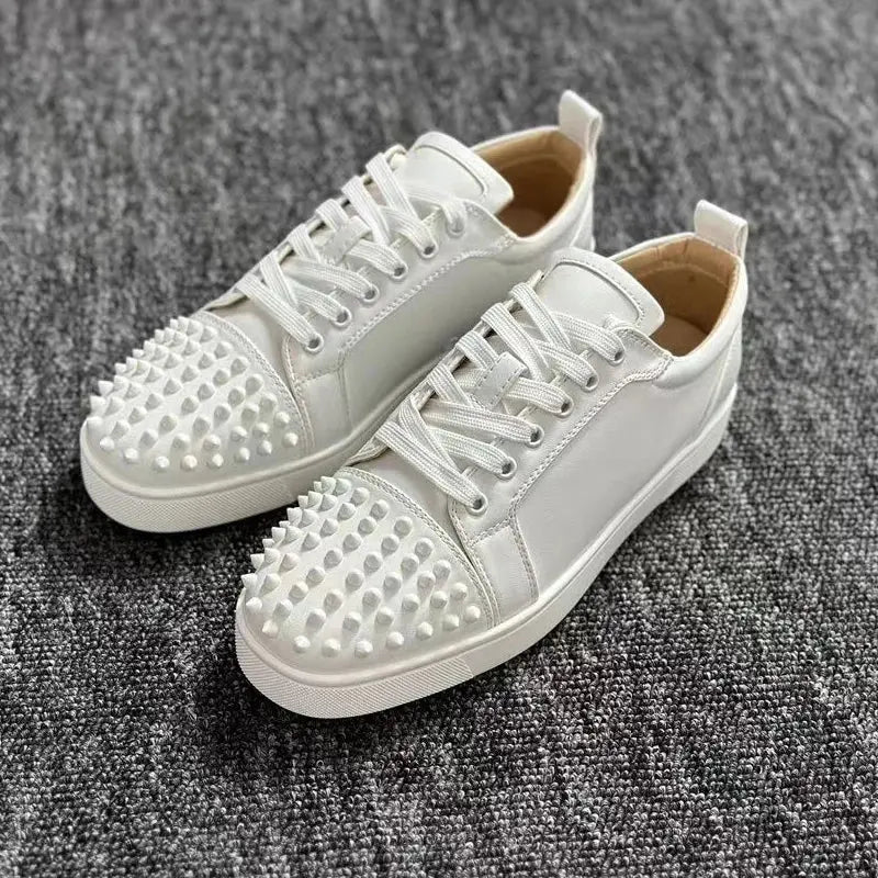 mens casual punk rock rivet shoes black white flat studded shoe breathable genuine leather sneakers young stylish footwear male - Eloy Royal